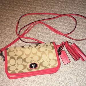 Tan and Coral Coach Crossbody with matching Wallet